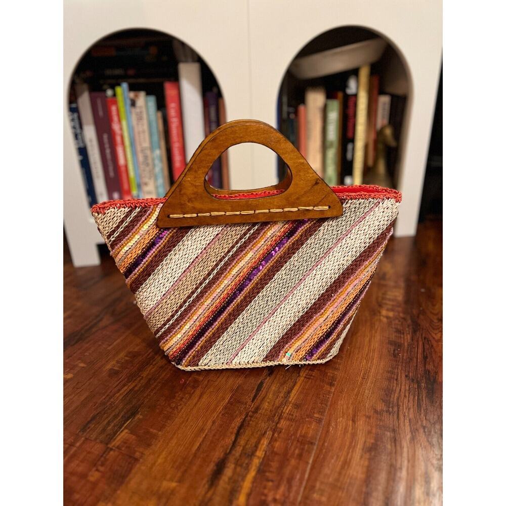 Far Nine Womens Vintage Woven Beaded Bag Sequins Y2K Beach Vacation Coconut Girl